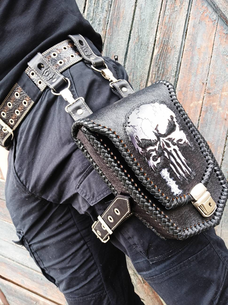 Leather utility belt,hip bag, Leather leg holster, steampunk leg bag, biker  bag, Belt bag, personalised belt, punisher, personalised gift.
