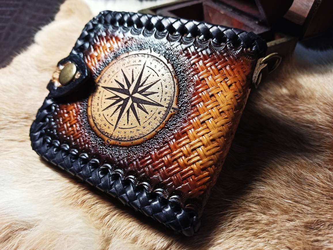 Leather handcrafted wallets for men, personalised wallet, Pan European wallet, men gift, biker gift, mexican braid, biker wallet