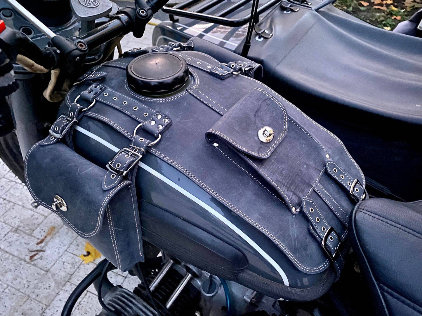 Ural fuel tank leather cover bags- Black, Ural fuel tank gas bags genuine leather, crazy horse leather tank cover- black, Ural tank cover, Ural tank bags