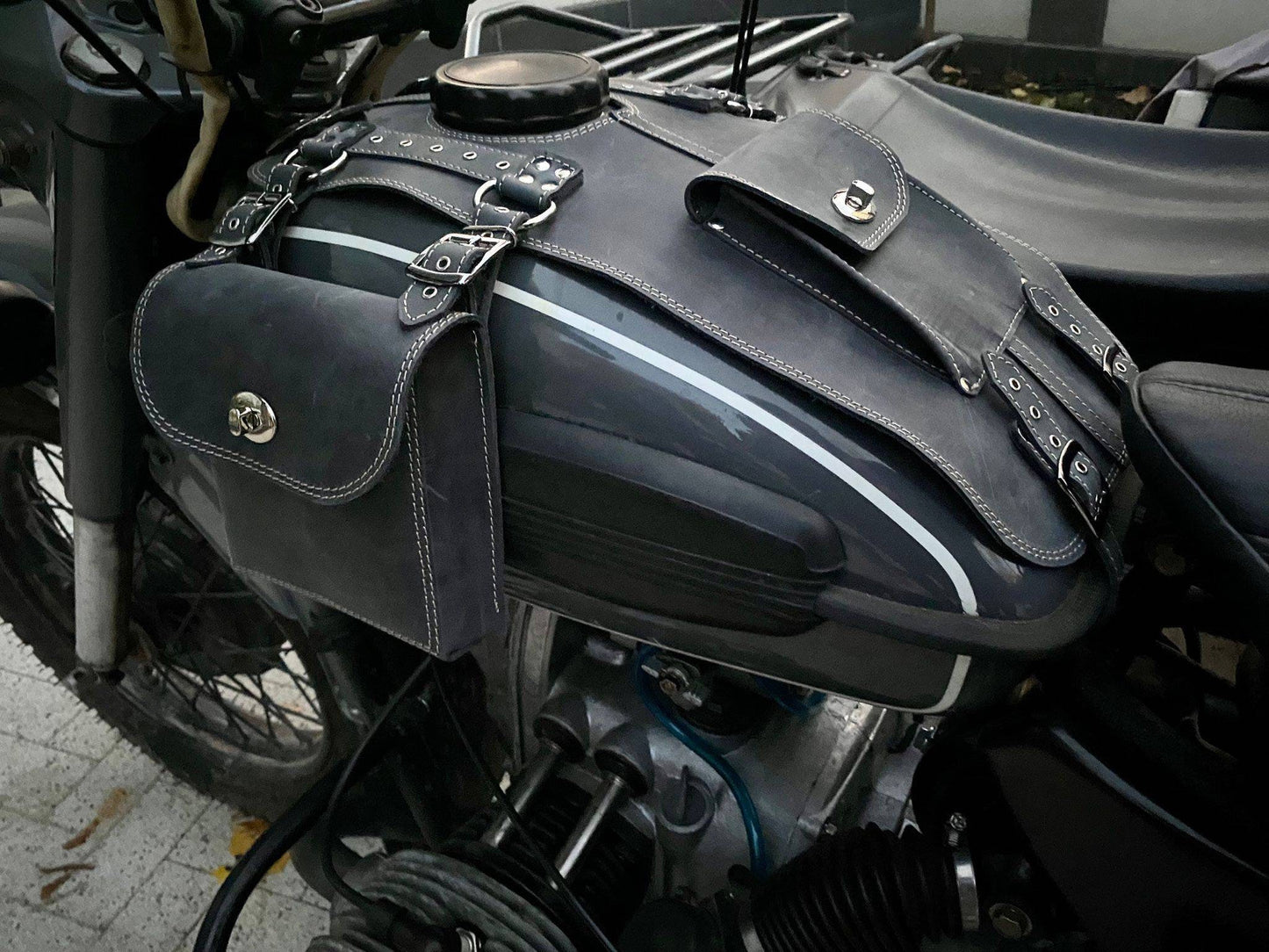 Ural fuel tank leather cover bags- Black, Ural fuel tank gas bags genuine leather, crazy horse leather tank cover- black, Ural tank cover, Ural tank bags
